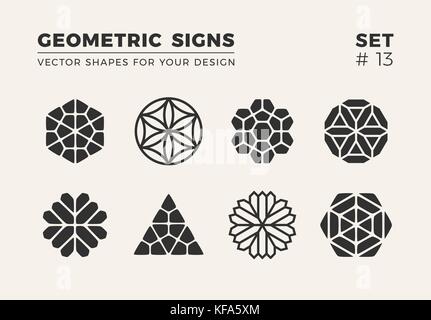 Set of eight minimalistic trendy shapes. Stylish vector logo emblems for Your design. Simple creative geometric signs collection. Stock Vector
