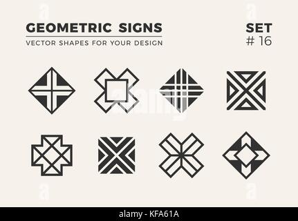 Set of eight minimalistic trendy shapes. Stylish vector logo emblems for Your design. Simple creative geometric signs collection. Stock Vector
