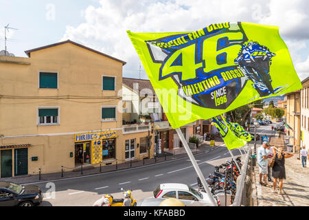 Overskrift Betydning websted Official Fan Club flags flying in Tavullia, Italy. Hometown of Valentino  Rossi famous MotoGP star Stock Photo - Alamy
