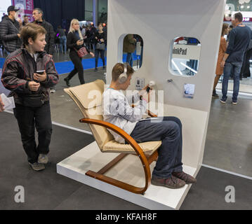 KIEV, UKRAINE - OCTOBER 07, 2017: Unrecognized people visit Sony electronics manufacturer company booth during CEE 2017, the largest electronics trade Stock Photo