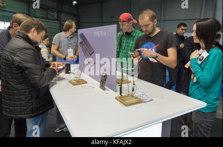 KIEV, UKRAINE - OCTOBER 07, 2017: Unrecognized people visit Sony electronics manufacturer company booth during CEE 2017, the largest electronics trade Stock Photo
