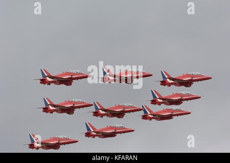 UK - Red Arrows Royal Airforce BAE Hawk T-1s flying in Diamond Nine formation at RIAT 2007 Stock Photo