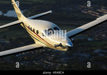 Farnborough F1 Kestrel prototype flying over fields and trees Stock Photo