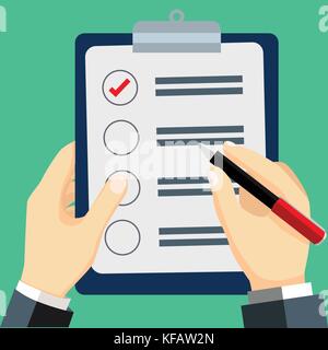 Businessman checked list, Hand hold clipboard and pencil for checked. Vector illustration flat design. Isolated on background. Stock Vector