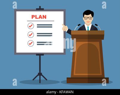 Businessmen presentation of business plan, man in formal suit giving speech on podium about business plan, for business concept-Vector Flat Design Ill Stock Vector