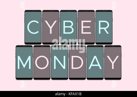 Cyber Monday Day of Sale. Phones are Displaying Inscription Cyber Monday on the Screens and light-pink background Stock Vector