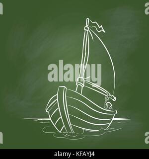 Hand drawing Boat Cartoon on textured green board. for Education Concept, Vector Illustration, drawing with chalk on greenboard. Stock Vector
