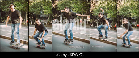 Manhole skateboarding street jump and trick sequence. Free ride school skateboard. Traffic skate style Stock Photo