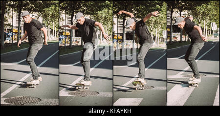 Manhole skateboarding street jump and trick sequence. Free ride school skateboard. Traffic skate style Stock Photo