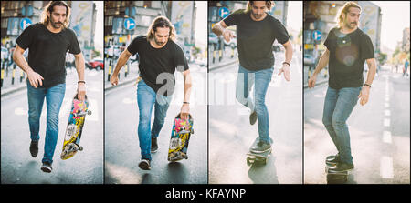 Street skateboarding jump and trick sequence. Free ride school skateboard. Traffic skate style Stock Photo