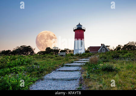 Nauset lighthouse full moon Stock Photo