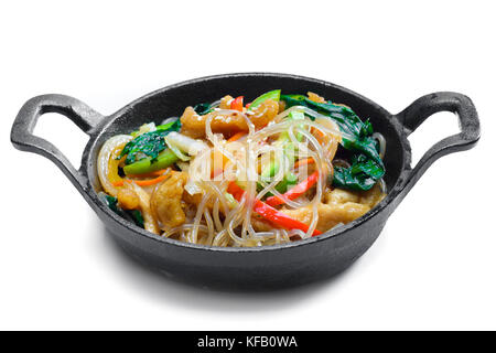 Korean rice noodle with vegetables on frying pan Stock Photo