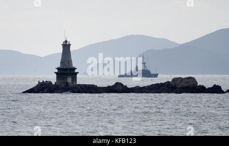 The U.S. Navy Avenger-class mine countermeasures ship USS Chief steams underway during the Multinational Mine Warfare Exercise October 19, 2017 in Busan, Republic of Korea.   (photo by William Carlisle via Planetpix) Stock Photo