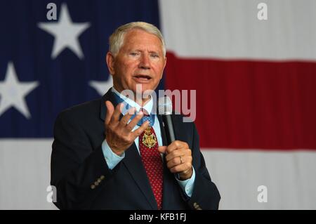 U.S. Air Force Colonel Leo Thorsness and Medal of Honor recipient speaks during the U.S. Air Force in Europe 60th Anniversary Celebration at the Ramstein Air Base Sembach Annex August 11, 2007 in Sembach, Germany.   (photo by Kenny Holston via Planetpix) Stock Photo