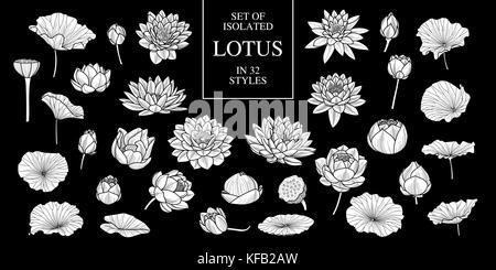 Set of isolated white silhouette lotus in 32 styles .Cute hand drawn flower vector illustration in white plane and no outline on black background. Stock Vector