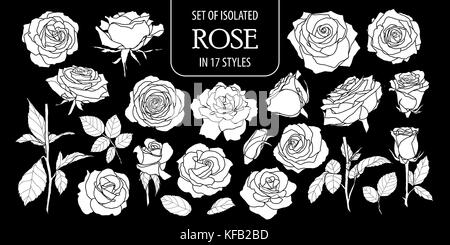 Set of isolated white silhouette rose in 17 styles .Cute hand drawn flower vector illustration in white plane and no outline on black background. Stock Vector