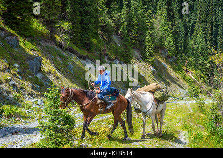 KARAKOL, KYRGYZSTAN - JULY 30: Guy riding a horse and transporting stuff to the base camp in Karakol national park. July 2016 Stock Photo