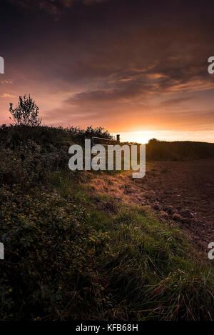 Sunset - sun setting over fields in Cornwall. Stock Photo