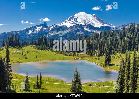 Tipsoo Lake with Mt. Rainier in the distance on the Mather Memorial Parkway in Mount Rainier National Park Washington in the Umited States Stock Photo