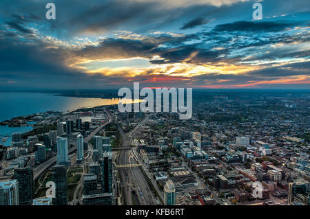 Beautiful view of the Toronto skyline at sunset from the top of the CN Tower Stock Photo