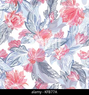 Boho style grey and red sketch doodle ornamental Seamless texture with tribal and floral elements on white background Stock Vector