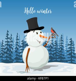 Precious Snowman in a hat. Smiling Frosty with a bullfinch bird. Sunny landscape with silhouette of forest. Vector illustration Stock Vector