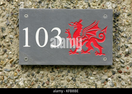 House number 103 with Welsh dragon. Stock Photo