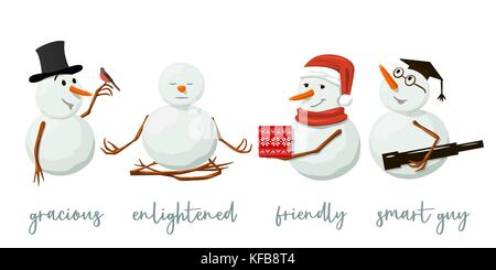 Set of different Snowmen. Precious frosty, gracious with gift, enlightened, friendly, squint, bird, yoga. Isolated. Stock Vector