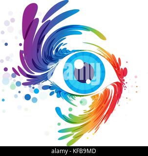 Multicolored eye art on white background, splash of eyelashes Stock Vector