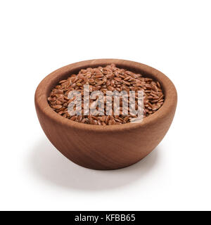 Flax seeds, Linseed, Lin seeds close-up brown flax seed or linseed in a wooden bowl, isolated on white. Stock Photo