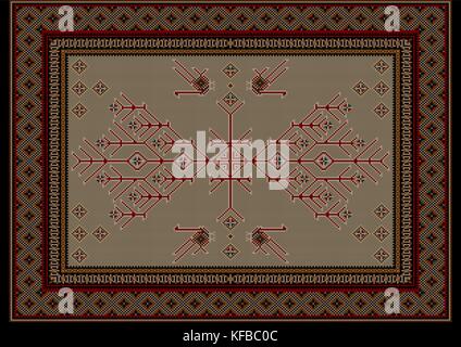 Luxury carpet with ethnic patterned tree and birds in the center on  beige background Stock Vector