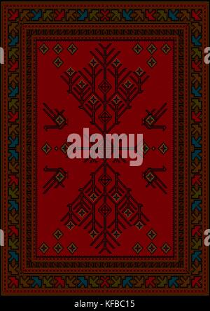 Luxury carpet with ethnic patterned tree and birds in the center on  red background Stock Vector