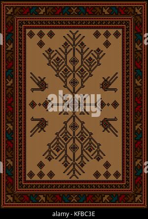 Luxury carpet with ethnic patterned tree and birds in the center on  yellow background Stock Vector