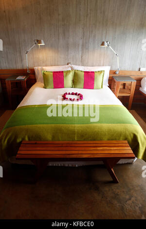 EASTER ISLAND, CHILE, Isla de Pascua, Rapa Nui, inside the Varua Room at Hotel Posada de Mike Rapu, located on a tranquil spot the award winning archi Stock Photo