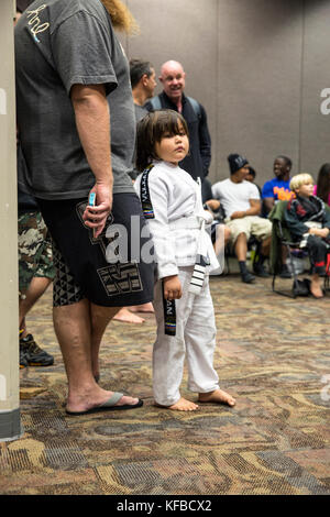 USA, Oahu, Hawaii, portrait of a young boy Jujitsu Martial Arts fighter before the start of the ICON grappling tournament in Honolulu Stock Photo