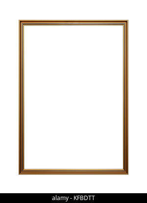 Simple vintage old wooden classic golden painted vertical rectangular frame for picture or photo, isolated on white background, close up Stock Photo