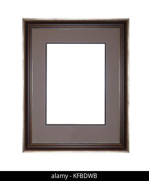 Vintage old wooden classic brown and silver painted vertical rectangular frame with grey cardboard mat (passe partout mount) for picture or photo, iso Stock Photo