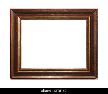 Vintage old antique red, brown and golden painted horizontal rectangular massive picture frame with cracked paint isolated on white, close up Stock Photo