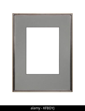 Vintage old wooden classic silver gray painted vertical rectangular frame and cardboard mat (passe partout mount) for picture or photo, isolated on wh Stock Photo