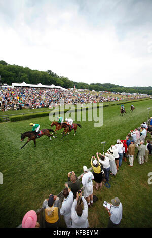 USA, Tennessee, Nashville, Iroquois Steeplechase, horses pass under the wire on lap two of the seventh and final race Stock Photo