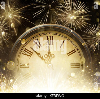 Waiting Midnight - Clock And Fireworks - Happy New Year Stock Photo