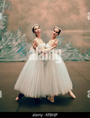 RUSSIA, Moscow, two young Bolshoi ballerinas practicing before a performance at the Bolshoi Theatre. Stock Photo