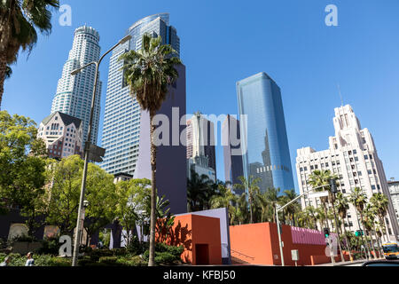 Looking up at the skyscrapers in downtown Los Angeles including Deloitte and Touche, Wells Fargo, US Bank Tower and AT&T Tower Stock Photo