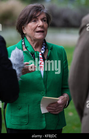 London, UK. 26th Oct, 2017. Jenny Tonge, Baroness Tonge, independent Liberal Democrat peer, is interviewed about the Balfour declaration on College Green in Westminster. The centenary of the Balfour declaration is on 2nd November. Credit: Mark Kerrison/Alamy Live News Stock Photo