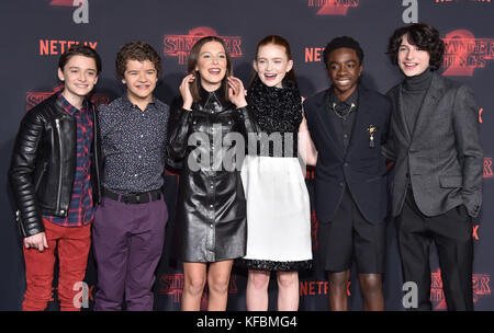 Westwood, California, USA. 26th Oct, 2017. Noah Schnapp, Gaten Matarazzo, Millie Bobby Brown, Sadie Sink, Caleb McLaughlin and Finn Wolfhard arrives for the Netflix 'Stranger Things' 2 Premiere at the Village theater. Credit: Lisa O'Connor/ZUMA Wire/Alamy Live News Stock Photo
