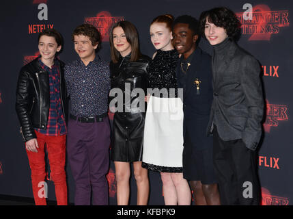 Los Angeles, USA. 26th Oct, 2017. Sadie Sink, Gaten Matarazzo, Millie Bobby Brown, Noah Schnapp, Finn Wolfhard, Joe Keery 020 arrives at the Premiere Of Netflix's 'Stranger Things' Season 2 at Regency Bruin Theatre on October 26, 2017 in Los Angeles, California Credit: Tsuni / USA/Alamy Live News Stock Photo