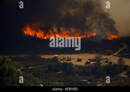 Wildomar, CA, USA. 26th Oct, 2017. Firefighters battle the Wildomar wildfire in the Cleveland National Forest on Thursday, October 26, 2017 in Wildomar, Calif. The fire started after a motorcycle crashed into a tree. © 2017 Patrick T Fallon Credit: Patrick Fallon/ZUMA Wire/Alamy Live News Stock Photo