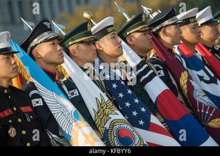 South Korean honor guard during the welcoming ceremony for U.S. Chairman of the Joint Chiefs Gen. Joseph Dunford at the South Korean Joint Chiefs Headquarters October 26, 2017 in Seoul, South Korea. Dunford and Defense Secretary Jim Mattis are in South Korea for the 49th Security Consultative Meeting with their South Korean counterparts. Stock Photo