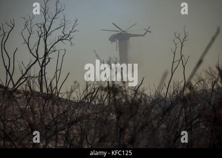 Wildomar, California, USA. 26th Oct, 2017. A firefighting aircraft battles the Wildomar wildfire in the Cleveland National Forest on Thursday. The fire started after a motorcycle crashed into a tree. Credit: Patrick Fallon/ZUMA Wire/Alamy Live News Stock Photo