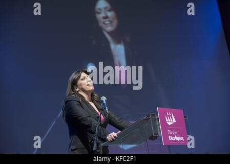 Athens, Greece. 27th Oct, 2017. ZOE KONSTANTOPOULOU addresses participants during the opening of her party's, Plefsi Eleftherias, conference. Plefsi Eleftherias, meaning Sail of Freedom, was formed by governing party Syriza's dissident and former president of the Greek parliament, Zoe Konstantopoulou. Credit: Nikolas Georgiou/ZUMA Wire/Alamy Live News Stock Photo